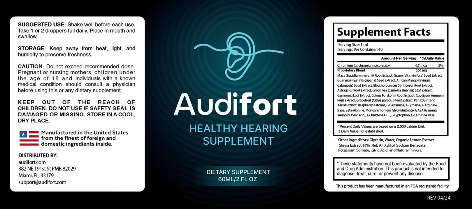 Audifort supplement facts label